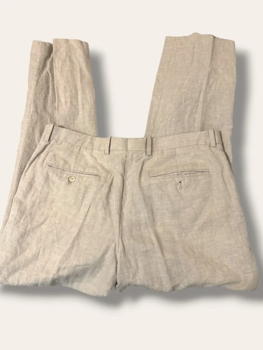 Perry Ellis Pants Mens 34x30 Linen Blend Pleated Dress Trouser Tan Lightweight